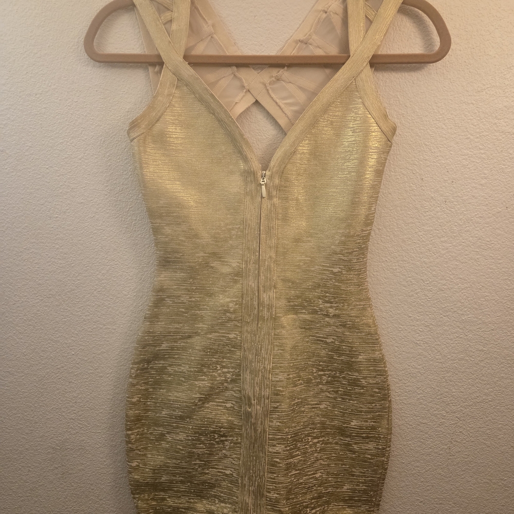 Metallic Gold V-Neck Bodycon Mini Dress with Crisscross Back